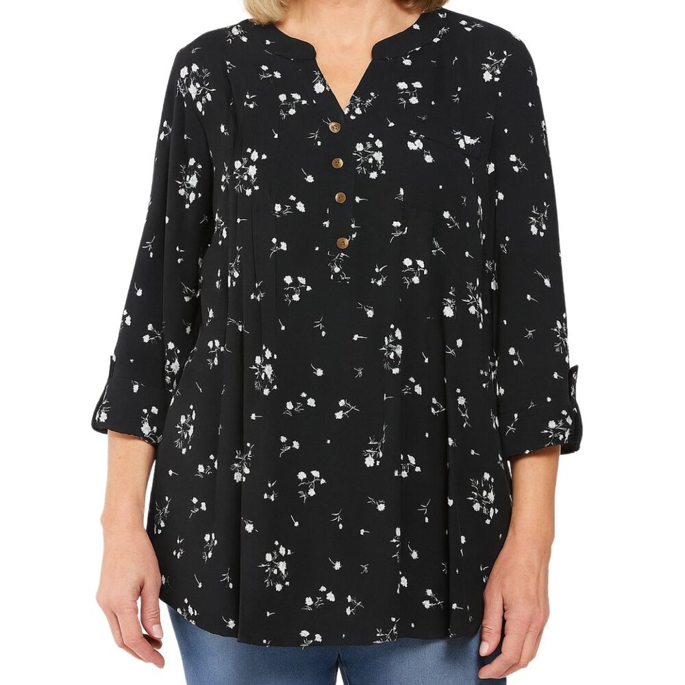 NEW Cocomo Fall Floral Black White Boho Pintuck Tunic Blouse Cocktail Top